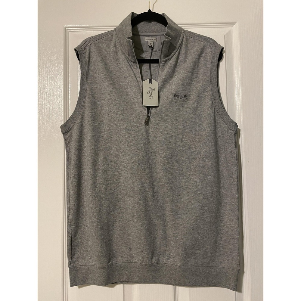 Ashworth Golf Sweater Vest Mens Medium Gray 1/4 Zip Mock Neck Young Life Logo